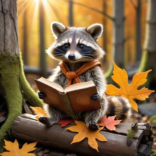 Prompt: In a cozy autumn forest, a mischievous raccoon sits on a moss-covered log, engrossed in a weathered leather-bound book. Sunlight filters through vibrant orange and yellow leaves, casting a warm glow on the little reader. The raccoon's inquisitive eyes sparkle with intelligence and curiosity.