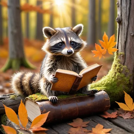 Prompt: In a cozy autumn forest, a mischievous raccoon sits on a moss-covered log, engrossed in a weathered leather-bound book. Sunlight filters through vibrant orange and yellow leaves, casting a warm glow on the little reader. The raccoon's inquisitive eyes sparkle with intelligence and curiosity.