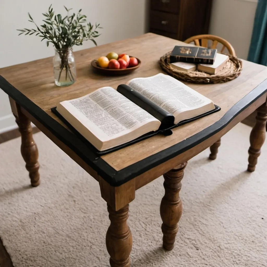 Prompt: Create a table with the Bible on top 