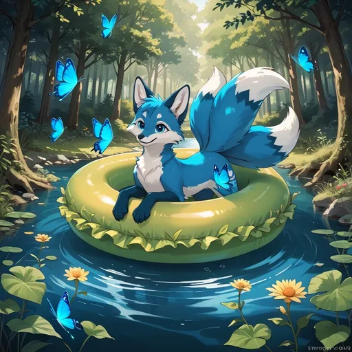 Prompt: give me a fox with nine tails with fur that's blue and green and brown, put the fox in an enchanted lake with trees full of wonder, give the fox enchanting blue eyes , nine tails and green, brown, and blue fur, put glowing light balls that float all around the water put vines in the trees put flowers floating in the water, put butterflies in the air give the fox teo pups to protect and male five sunbeams coming from the trees leafy top