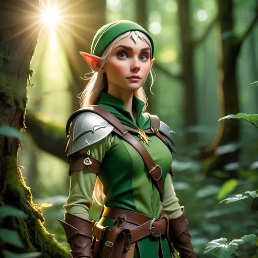 Prompt: Elf ranger in a mystical forest around sunlight