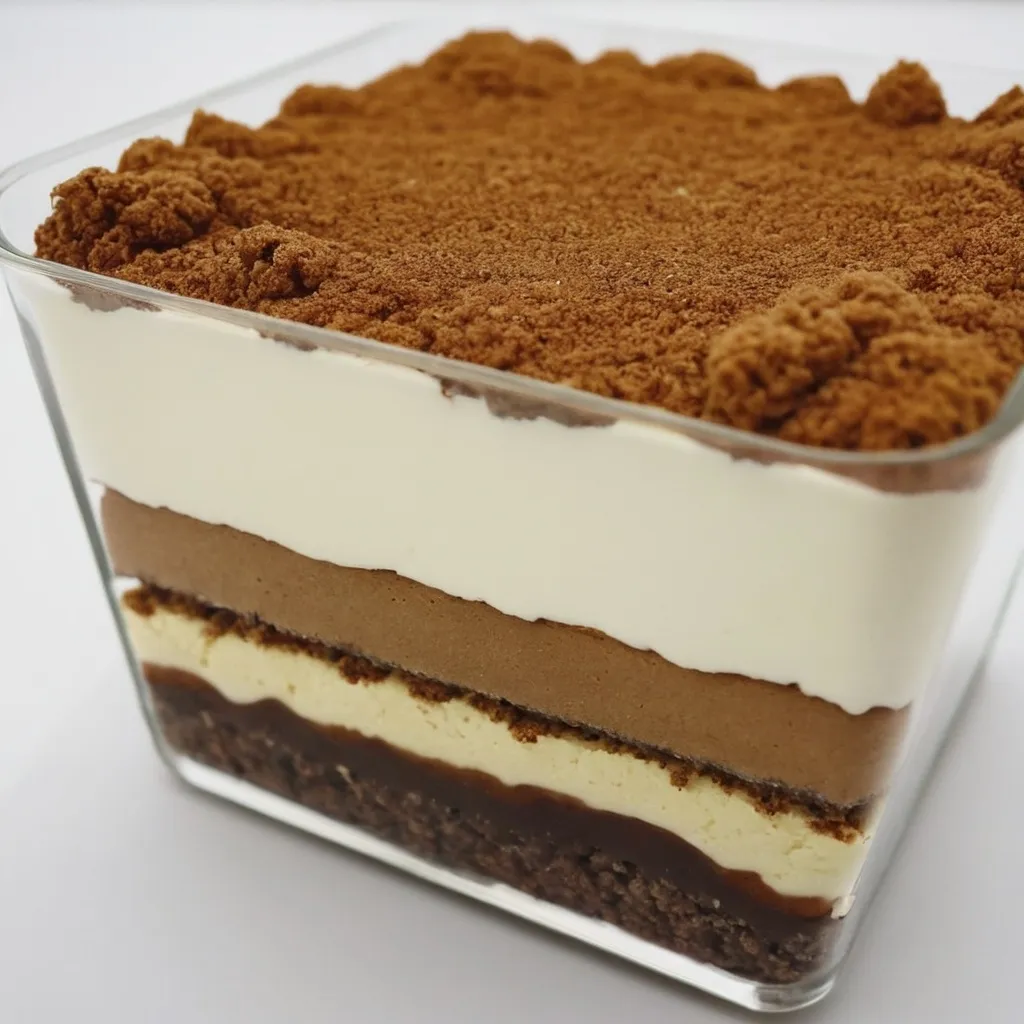 Prompt: a tiramisu cup with light brown filling, biscoff cookie crumble on only the top. Make the filling all brown. now generate  a cake version in clear, flate tray. make the tray square

