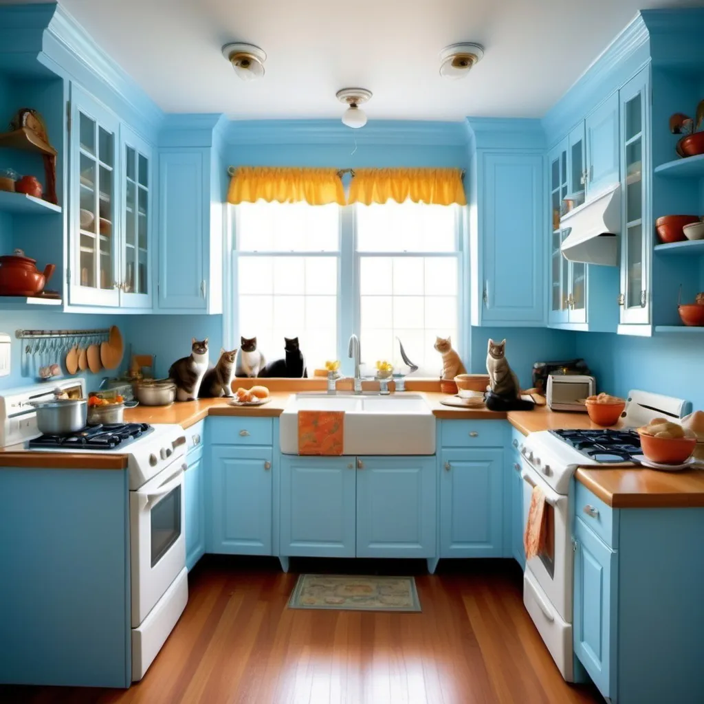 Prompt: A house of cats lives together do all house chore a bright color curtains light blue colo walls American style kitchen