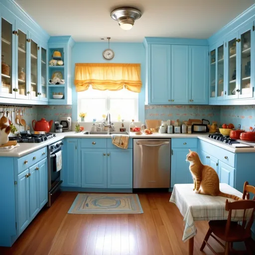 Prompt: A house of cats lives together do all house chore a bright color curtains light blue colo walls American style kitchen