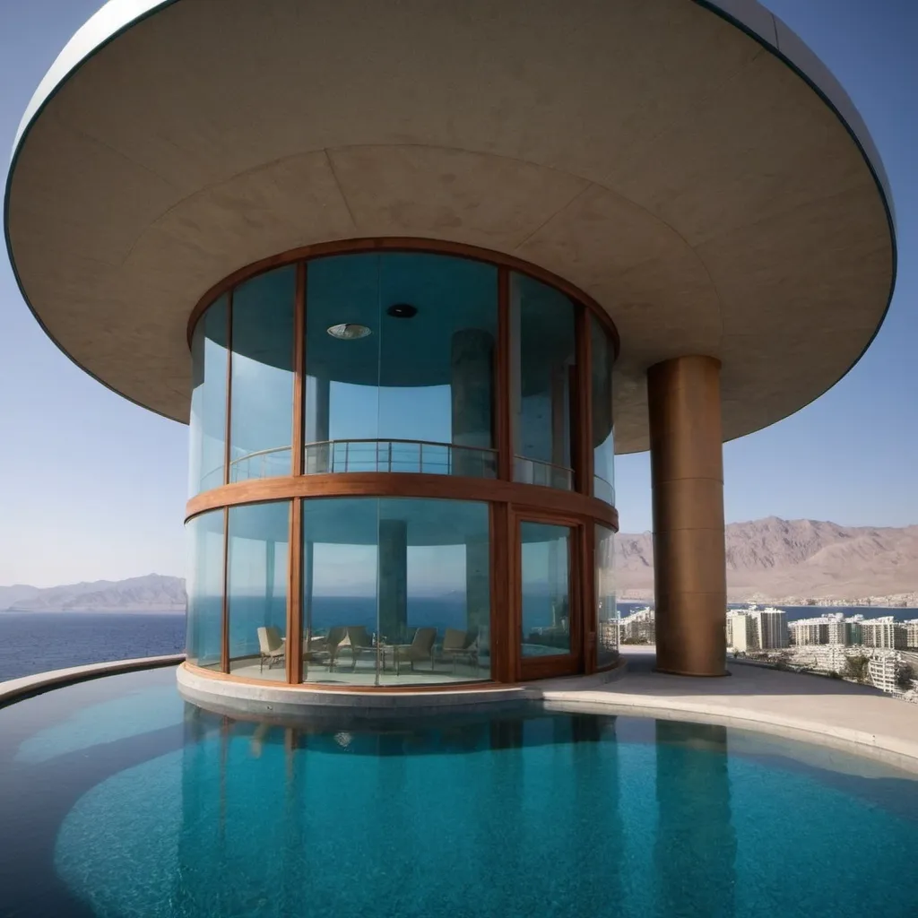 Prompt: i need exterior building observatory in cyllinder shape like in eilat with two parts one is underwater and another part above the water (show two parts below and above)