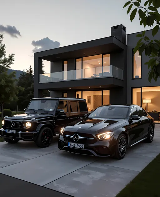 Prompt: A beautiful, modern private house in the background, located somewhere in Italy. Two black Mercedes cars are parked in front — a Mercedes G63 and a Mercedes S-Class. The scene is set around 5:00 to 6:00 PM, with soft, warm evening lighting. The environment is highly realistic, suitable as a background for chroma key video.
Cinematic style, dramatic lighting, shallow depth of field, high detail.”
