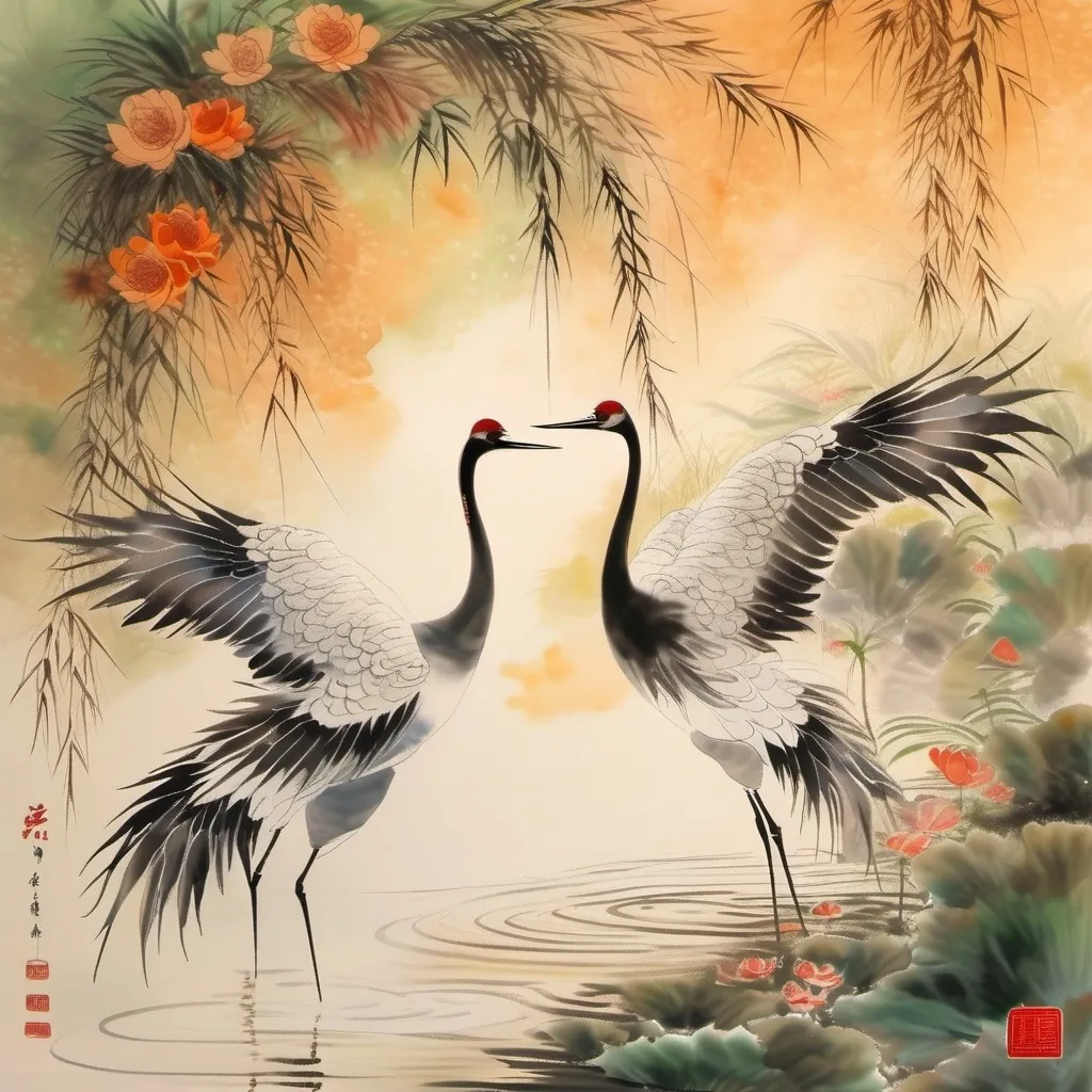 Prompt: (dancing cranes), graceful movements, intricate plumage, serene pond background, lush greenery, soft ripples, ethereal atmosphere, warm golden hues, dynamic compositions, harmonious elegance, detailed feather texture, peaceful ambiance, enchanting light reflections, ultra-detailed, high-quality, nature-inspired art.