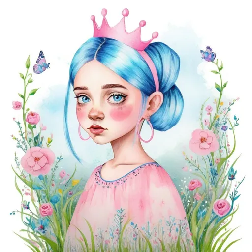 Prompt: Create an digital watercolor clipart of a young  girl, animated in style, with [blue] eyes
and [silky] hair styled in two ponytails, adorned with [crown]. She wears [hoop earrings] and is dressed in 
a [pink] frock with [embroidery], embodying a spring day. The scene, viewed from a high angle, shows her among [flowers]
 in [ grass]. Render the setting with a watercolor effect, [lighting style] lighting, and [background atmosphere], to enhance the magical, whimsical feel.