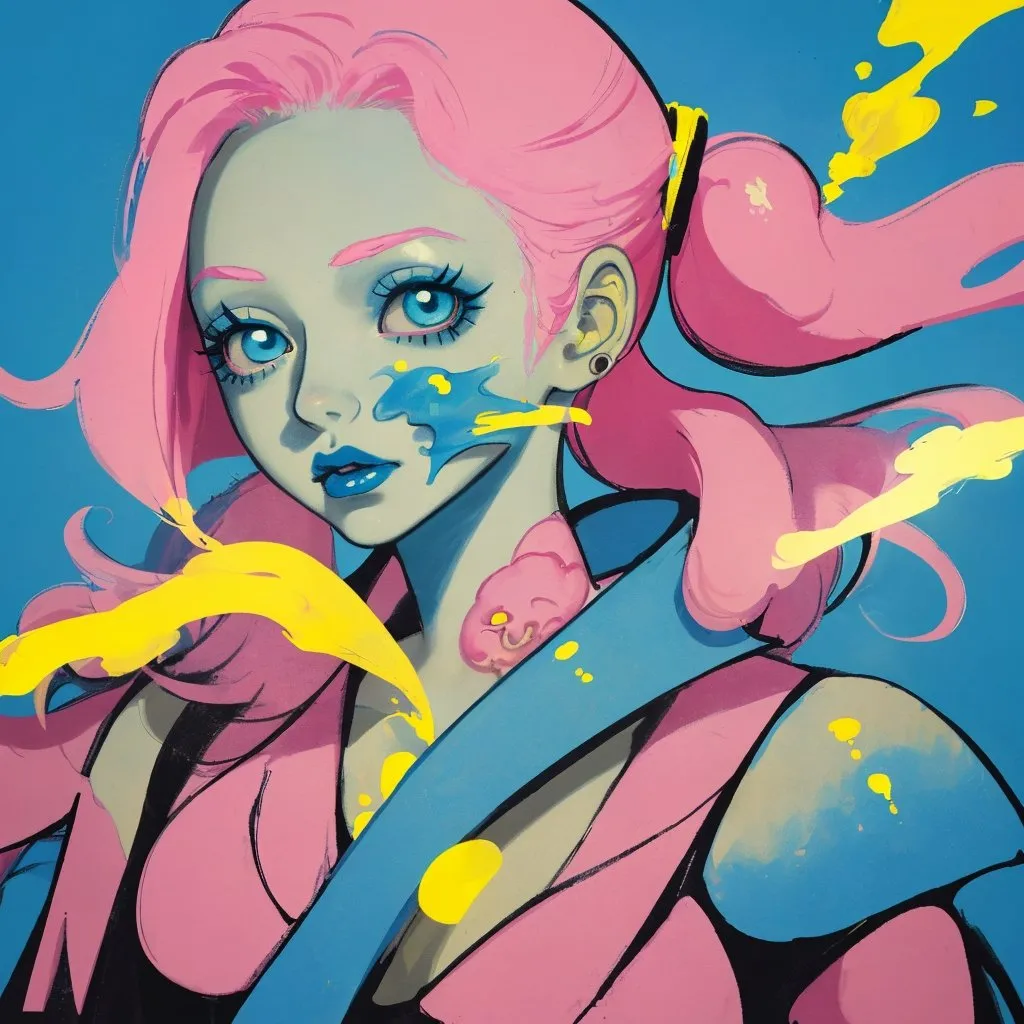 Prompt: Pop art, a woman with pink hair, yellow smoke coming out of her head, a blue background