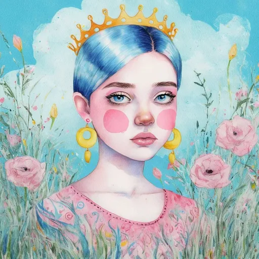 Prompt: Create an digital watercolor clipart of a young  girl, animated in style, with [blue] eyes
and [silky] hair styled in two ponytails, adorned with [crown]. She wears [hoop earrings] and is dressed in 
a [pink] frock with [embroidery], embodying a spring day. The scene, viewed from a high angle, shows her among [flowers]
 in [ grass]. Render the setting with a watercolor effect, [lighting style] lighting, and [background atmosphere], to enhance the magical, whimsical feel.