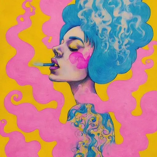 Prompt: Pop art, a woman with blue hair, pink smoke coming out of her head, a yellow background