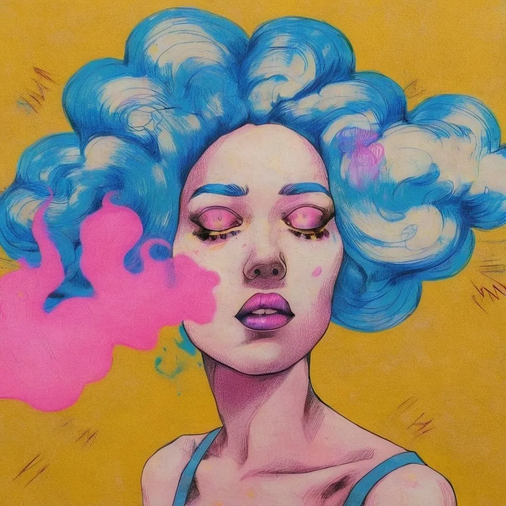 Prompt: Pop art, a woman with blue hair, pink smoke coming out of her head, a yellow background