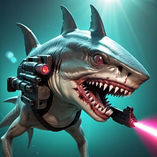 Prompt: Alien zombie shark with laserguns on its head