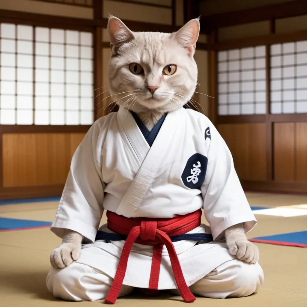 Prompt: Please create a cat in a akido gi In a traditional dojo