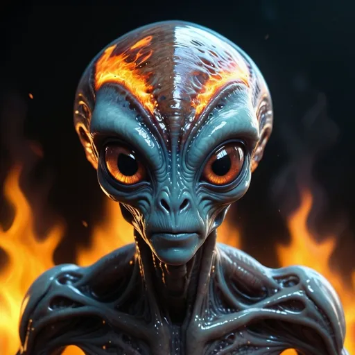 Prompt: hyper realistic, cute alien, background fire effect, 64k resolution photorealistic Masterpiece by Ridley Scott, intricately detailed fluid painting, HD, professional photography, dark lighting, volumetric lighting maximalist photo illustration, 64k resolution concept art with intricately detailed, complex, elegant, expansive, fantastical, ultra sharp, k,