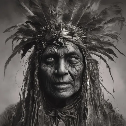 Prompt: Old picture of Indian pawnee 

 chief  spirit zombie curserealistic 