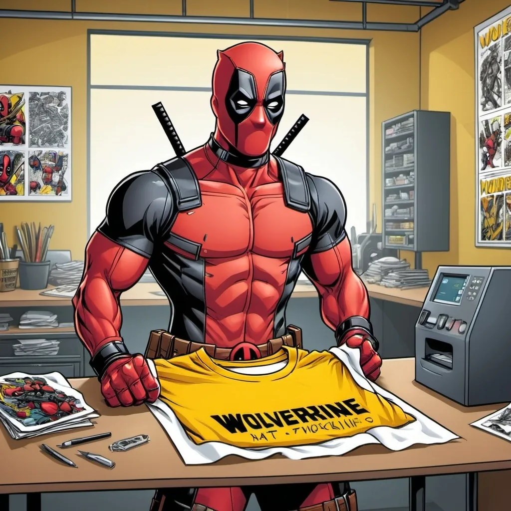 create Deadpool working at a t-shirt print shop. He...