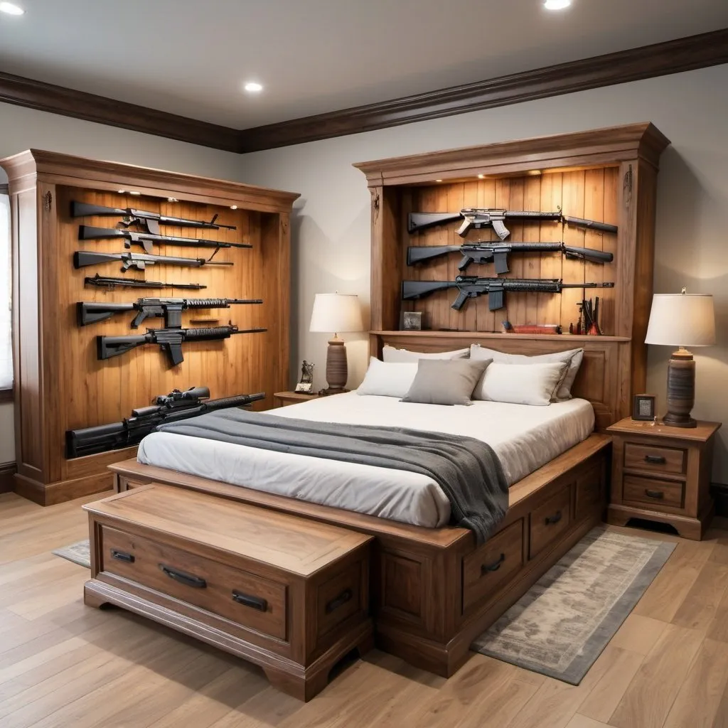 Prompt: Luxury bedroom with a wooden bed box, fine bedding, realistic, side firearm storage with AR-15s, pistols, and shotguns, storage open by a hinge, various short and long firearms inside de bed box lateral storage, wooden floor, high quality, detailed, realistic, luxury, fine bedding, wooden bed box, side storage, hinge, mixed weapons, spacious, natural lighting