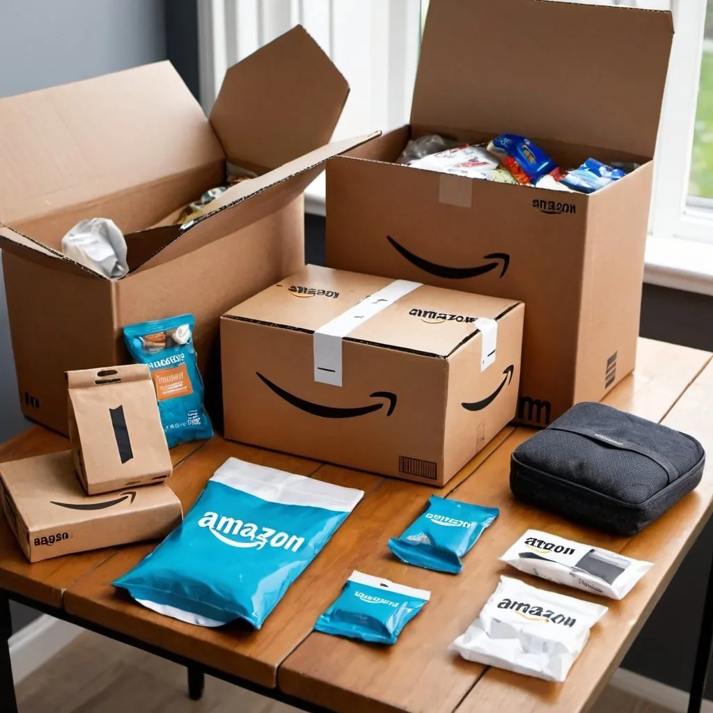 Prompt: Various shopping products of Amazon in a table, with opened Amazon pack on side