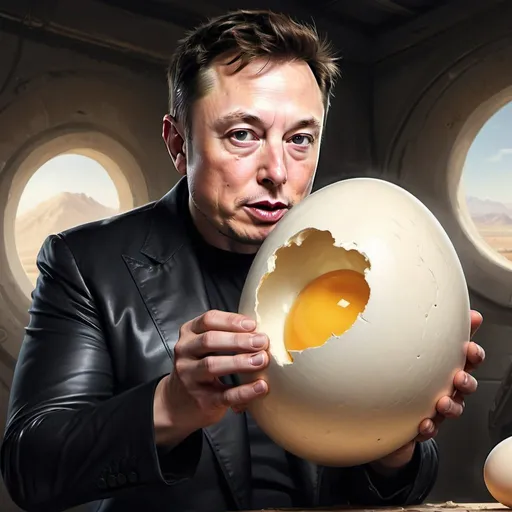 Prompt: Elon Musk cracking an ostrich egg, with a view of egg white and yolk, realistic digital painting, intense expression, dramatic lighting, high quality, detailed eggshell, cynical gaze, intense action, dramatic lighting, in sci-fi scenario
