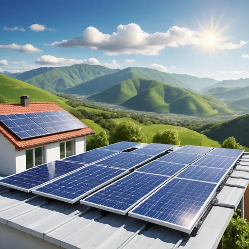 Prompt: Realistic depiction of a new home rooftop, solar energy panels, green mountains in the background, blue sky with a few white clouds, high quality, detailed realism, scenic landscape, sustainable living, vibrant natural colors, sunlit, peaceful atmosphere, architectural details, eco-friendly, solar power, panoramic view