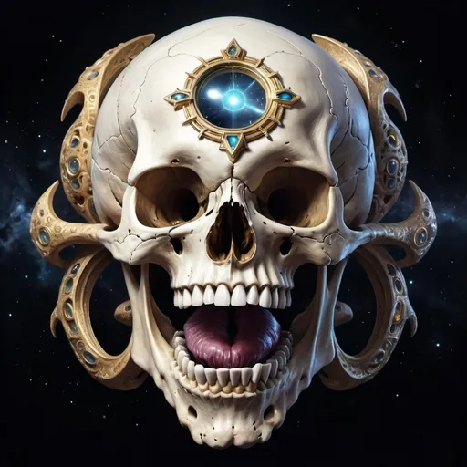 Prompt: an enormous elegant skull with its mouth wide open and there is a galactic portal inside its mouth 