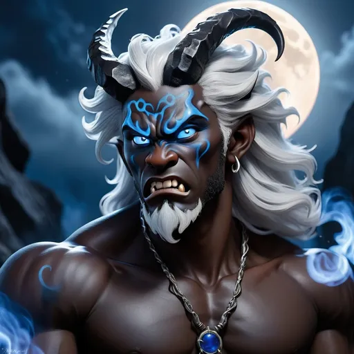 Prompt: A young male black oni with silver hair, two horns and blue flames