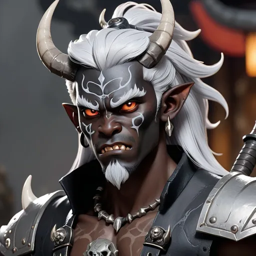 Prompt: A young male black oni with silver hair, two horns and a warhammer