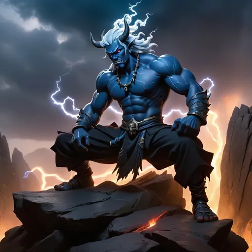 Prompt: A young male black oni with silver hair, two horns, a warhammer and blue flames
