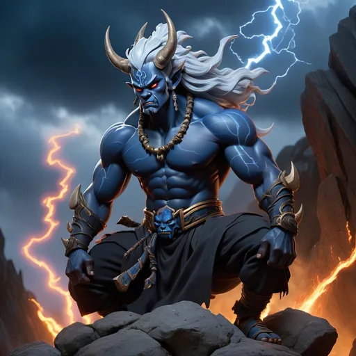 Prompt: A young male black oni with silver hair, two horns, a warhammer and blue flames