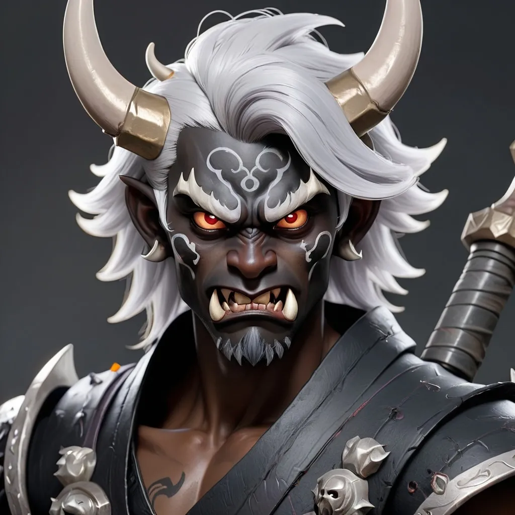Prompt: A young male black oni with silver hair, two horns and a warhammer