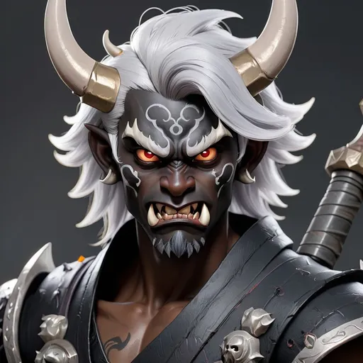 Prompt: A young male black oni with silver hair, two horns and a warhammer