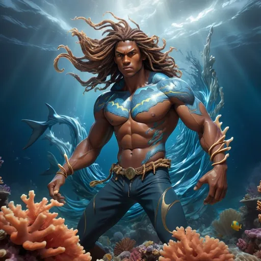 Prompt: A young male shark man with long hair, a trident and long tail, surrounded by electricity