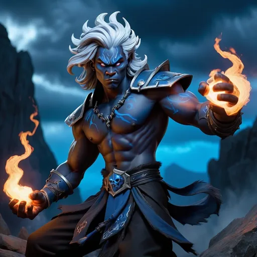 Prompt: A young male black oni with silver hair, a warhammer in hands and blue flames
