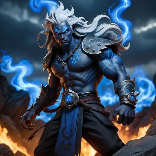Prompt: A young male black oni with silver hair, a warhammer in hands and blue flames