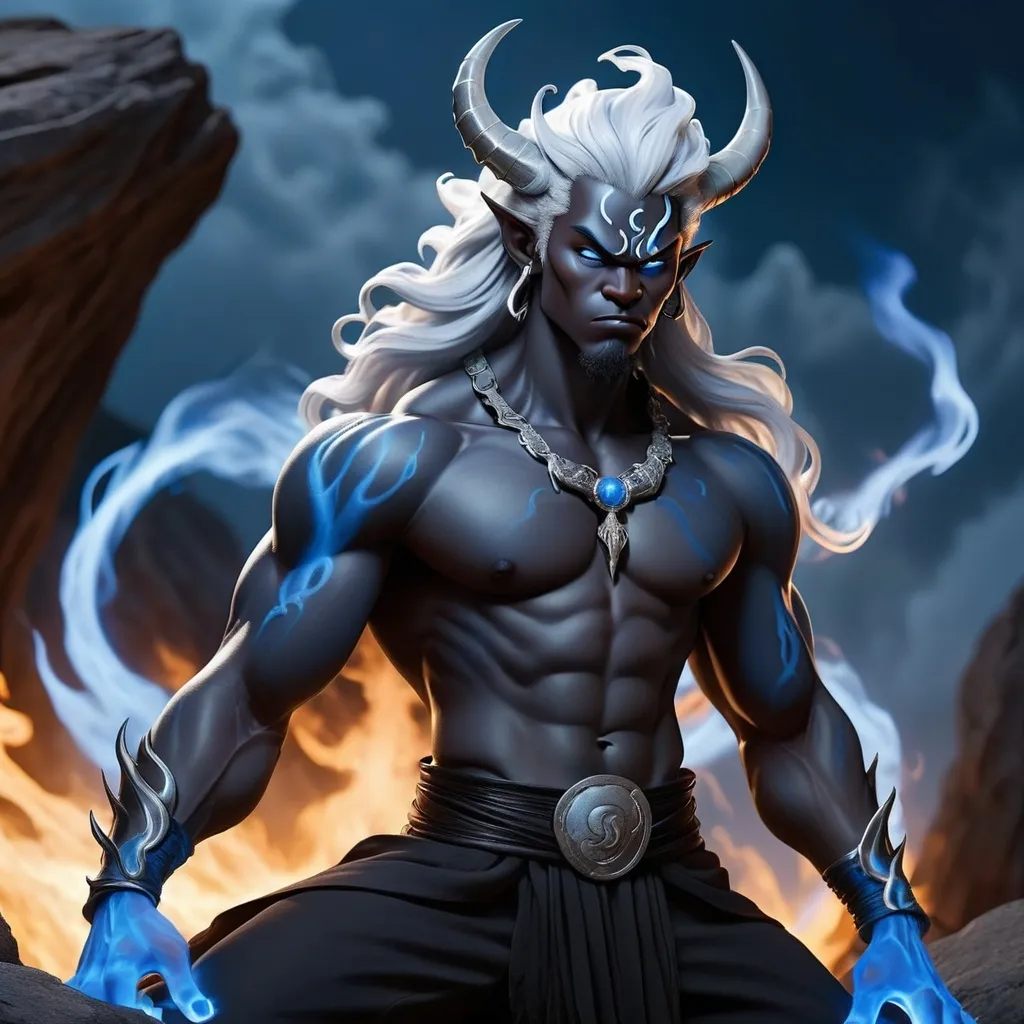 Prompt: A young male black oni with silver hair, two horns and blue flames