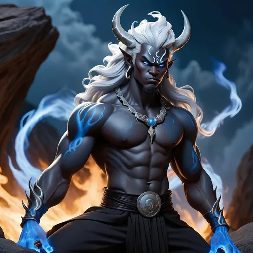 Prompt: A young male black oni with silver hair, two horns and blue flames