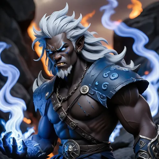 Prompt: A young male black oni with silver hair, a warhammer in hands and blue flames