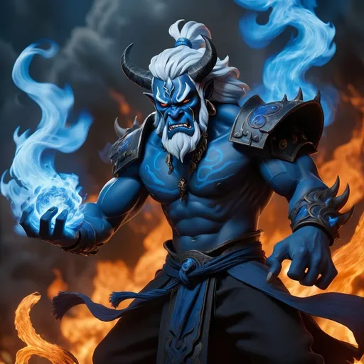 Prompt: A young male black oni with silver hair, two horns, a warhammer and blue flames