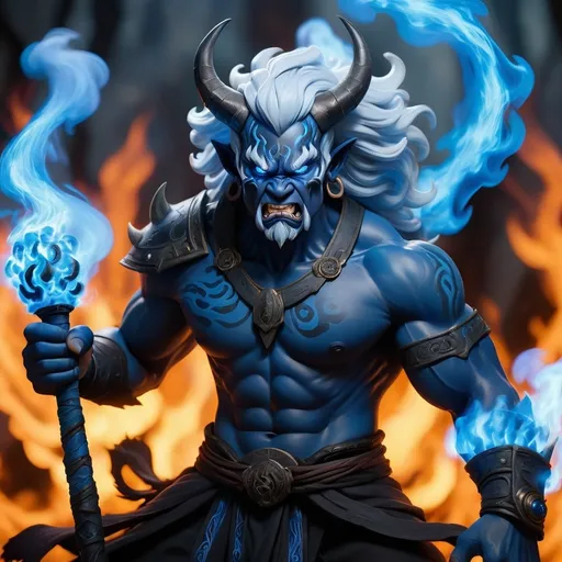 Prompt: A young male black oni with silver hair, two horns, a warhammer and blue flames