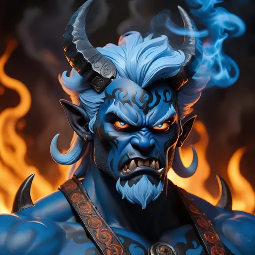 Prompt: A young male black oni with silver hair, two horns, a warhammer and blue flames