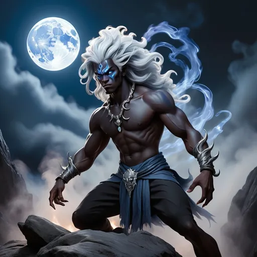 Prompt: A young male black oni with silver hair, two horns and blue flames