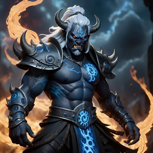 Prompt: A handsome black oni with silver hair, a warhammer and blue flames