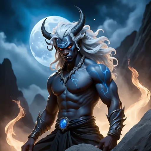 Prompt: A young male black oni with silver hair, two horns and blue flames