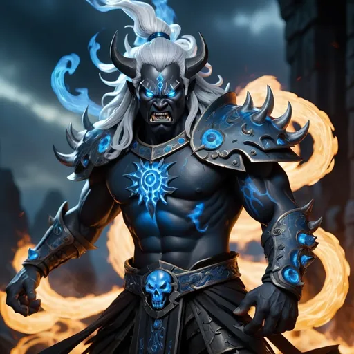 Prompt: A handsome black oni with silver hair, a warhammer and blue flames