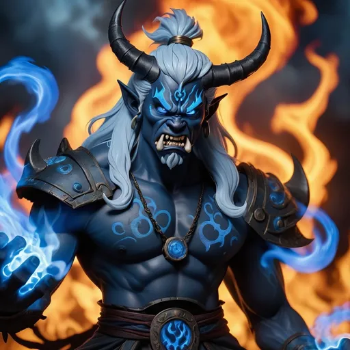 Prompt: A young male black oni with silver hair, two horns, a warhammer and blue flames