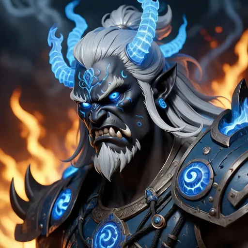 Prompt: A handsome black oni with silver hair, a warhammer and blue flames