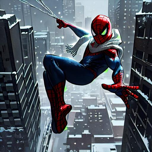 Prompt: Spiderman wearing beaine and scarf in snow, snowy urban cityscape background, high quality, detailed, comic book style, snowy, cold tones, superhero, detailed clothing, urban, winter, atmospheric lighting.spiderman swinging in city