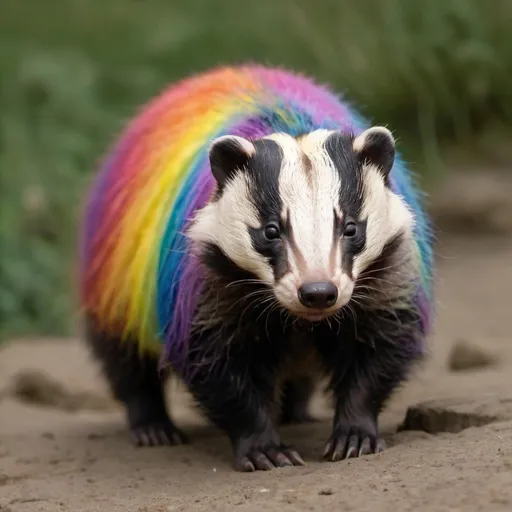 Prompt: A badger with fur in the colours of the rainbow