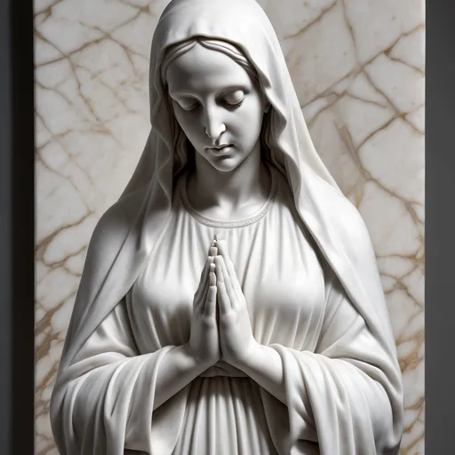 Prompt: A hyper-realistic 3D statue of the Virgin Mary, made of smooth white marble, standing with her hands joined in prayer. Her face expresses serenity and compassion, with soft, classical features inspired by Renaissance sculpture. She wears a long flowing robe and a veil, delicately carved with realistic folds and textures. The statue is placed on a stone pedestal, with subtle lighting from above casting gentle shadows to highlight the fine details. The background is a dimly lit chapel interior or neutral stone wall, enhancing the sacred and timeless atmosphere of the sc